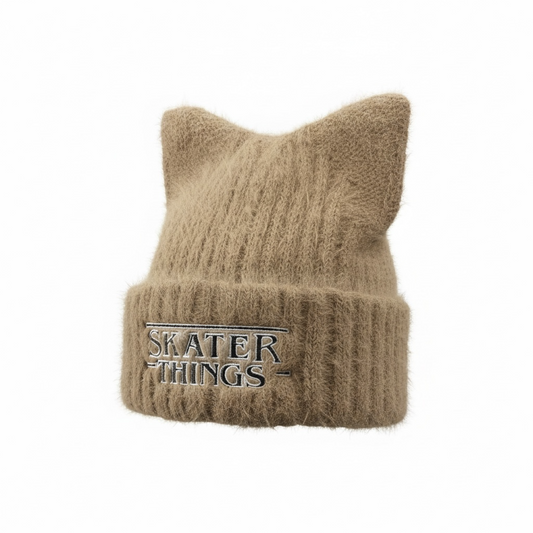 Cat Ear Beanie — Embroidered Skater Things Black & White