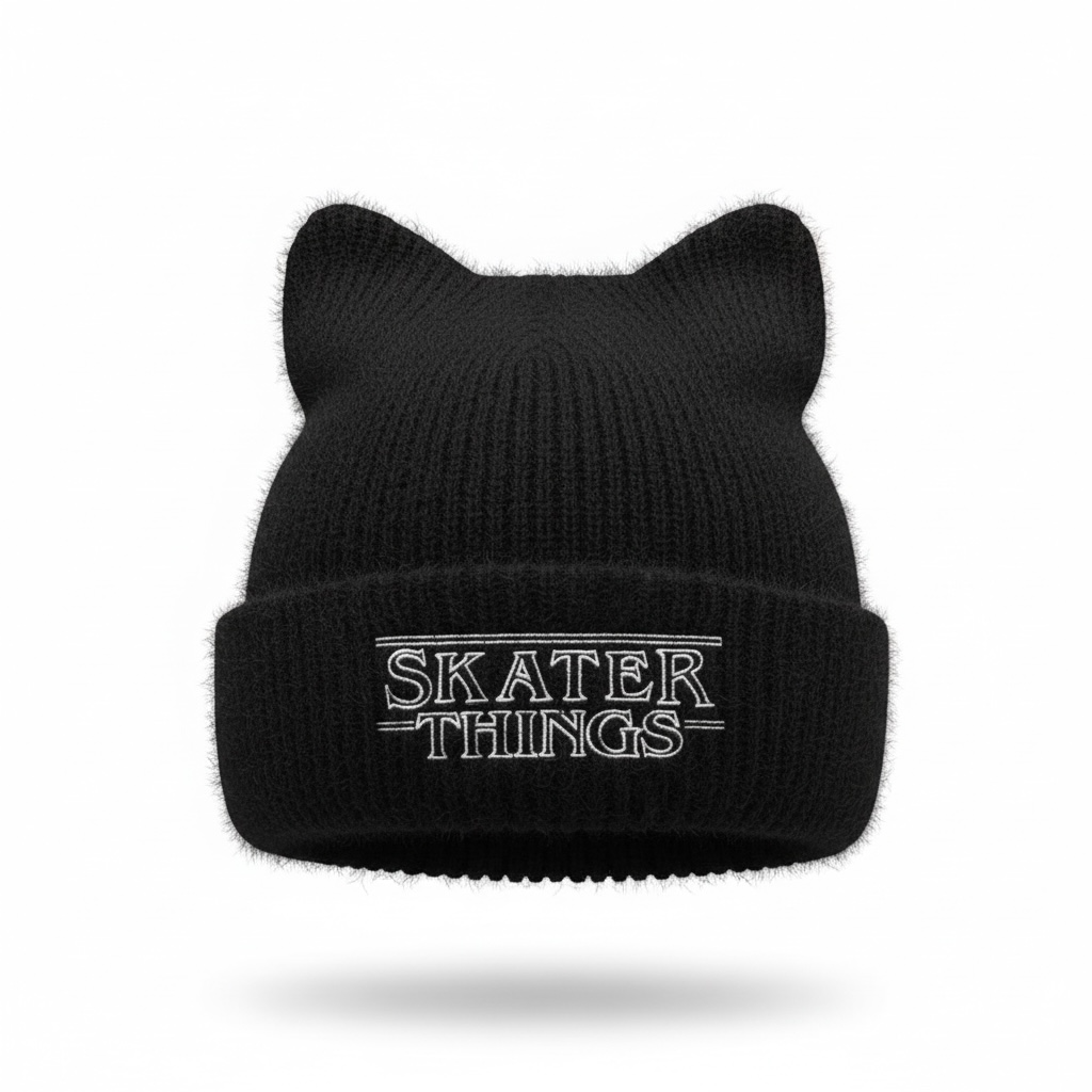 Cat Ear Beanie — Embroidered Skater Things Black & White