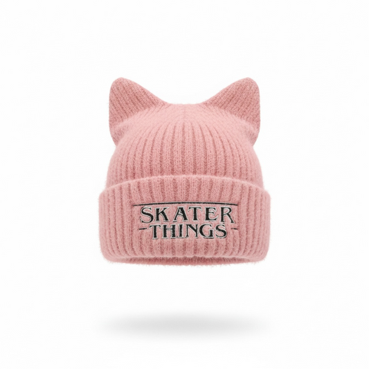 Cat Ear Beanie — Embroidered Skater Things Black & White