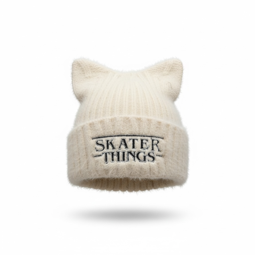 Cat Ear Beanie — Embroidered Skater Things Black & White