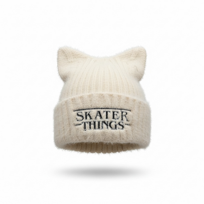 Cat Ear Beanie — Embroidered Skater Things Black & White