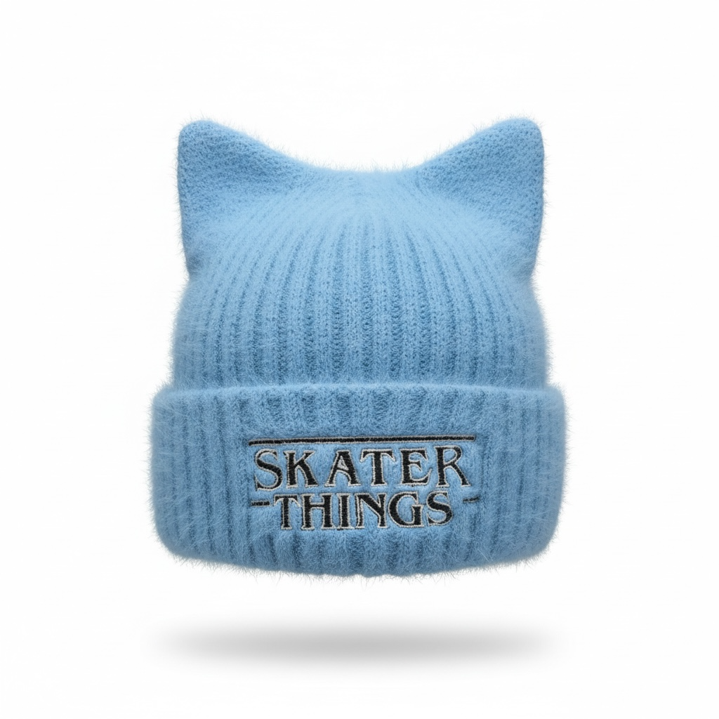 Cat Ear Beanie — Embroidered Skater Things Black & White