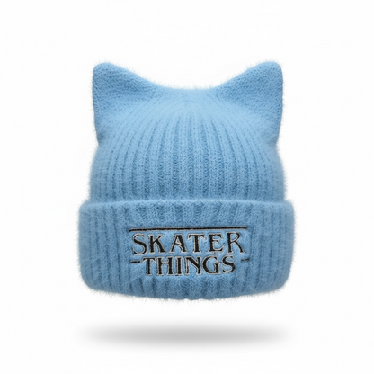 Cat Ear Beanie — Embroidered Skater Things Black & White